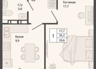 Продам 1-комнатную квартиру, 39.6 м2, рабочий посёлок Краснообск