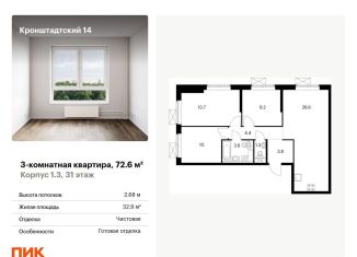 Трехкомнатная квартира на продажу, 72.6 м2, Москва, Кронштадтский бульвар, 8к3, ЖК Кронштадтский 14