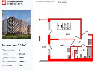 1-ком. квартира на продажу, 32.8 м2, Санкт-Петербург, муниципальный округ Невский