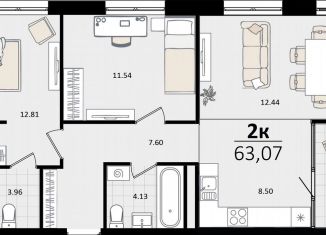 Продается двухкомнатная квартира, 63.1 м2, Краснодар, Карасунский округ, улица Лизы Чайкиной, 2