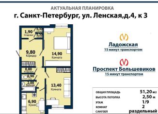 Продажа 2-ком. квартиры, 51.2 м2, Санкт-Петербург, Ленская улица, 4к3В, метро Улица Дыбенко