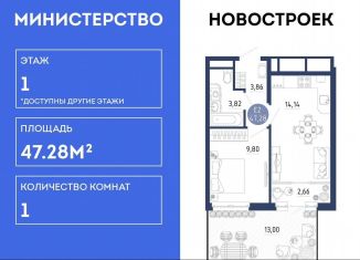 1-комнатная квартира на продажу, 47.3 м2, село Дядьково