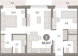 Продается 2-ком. квартира, 60.9 м2, Липецкая область, площадь Петра Великого, 1