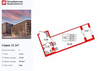 Продам квартиру студию, 25.2 м2, Санкт-Петербург, Уральская улица, 23, муниципальный округ Остров Декабристов