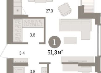 Продам 1-ком. квартиру, 51.3 м2, Липецкая область, площадь Петра Великого, 1