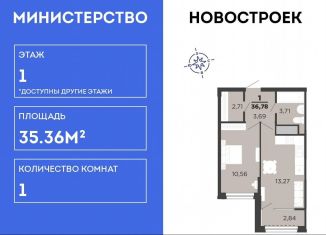 1-комнатная квартира на продажу, 35.4 м2, Рязань, Московский район, улица Александра Полина, 3