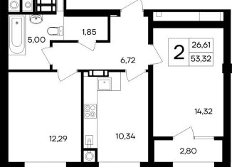 Продам 2-ком. квартиру, 53.3 м2, посёлок городского типа Гвардейское