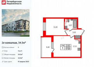 Продается однокомнатная квартира, 34.5 м2, Санкт-Петербург, муниципальный округ Пулковский Меридиан