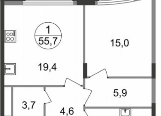 1-комнатная квартира на продажу, 55.7 м2, рабочий посёлок Заречье