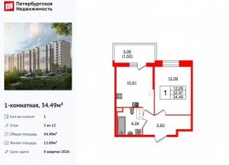 Однокомнатная квартира на продажу, 34.5 м2, Кудрово