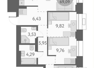 3-комнатная квартира на продажу, 69.1 м2, Новосибирск, метро Площадь Маркса