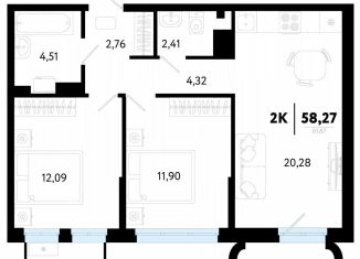 Продажа 2-ком. квартиры, 58.3 м2, Тюмень, Калининский округ, улица Василия Малкова