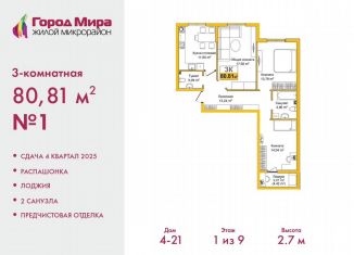 Продается 3-комнатная квартира, 80.8 м2, Симферополь, ЖК Город Мира