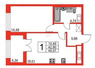 1-комнатная квартира на продажу, 43.6 м2, Санкт-Петербург, ЖК Зе Уан, Петровский проспект, 26к2