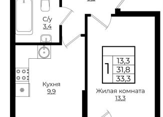 Продается 1-комнатная квартира, 33.3 м2, Краснодар, Карпатская улица, ЖК Европа-Сити