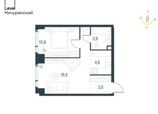 Двухкомнатная квартира на продажу, 41.4 м2, Москва, жилой комплекс Левел Мичуринский, к1, район Очаково-Матвеевское