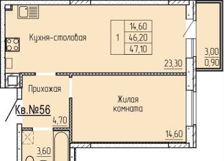 1-комнатная квартира на продажу, 47.7 м2, Батайск