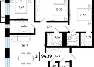 Продаю 3-ком. квартиру, 94.2 м2, Тюменская область