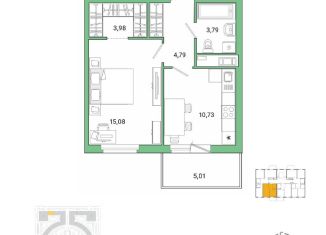1-комнатная квартира на продажу, 43.4 м2, Санкт-Петербург, муниципальный округ Коломяги
