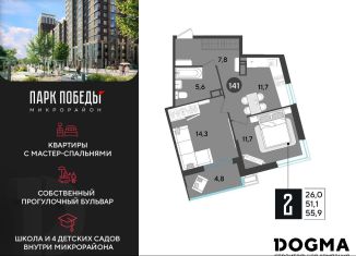 Продажа 2-комнатной квартиры, 55.9 м2, Краснодар