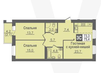Трехкомнатная квартира на продажу, 75.4 м2, рабочий посёлок Кольцово