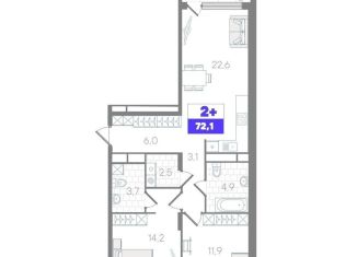 2-комнатная квартира на продажу, 72.1 м2, Тюмень, Калининский округ