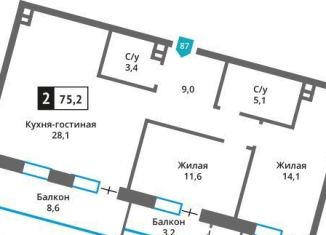 Продажа двухкомнатной квартиры, 75.2 м2, Московская область, Родниковая улица