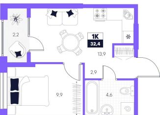 Однокомнатная квартира на продажу, 32.4 м2, Тюмень, Калининский округ