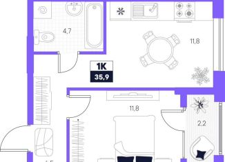 Продается 1-комнатная квартира, 35.9 м2, Тюмень, Калининский округ