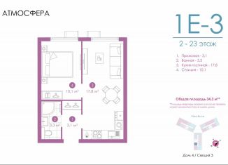 Однокомнатная квартира на продажу, 34.3 м2, Астрахань, улица Бехтерева, 12/4, ЖК Атмосфера