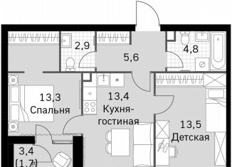 Продажа двухкомнатной квартиры, 55.2 м2, Москва, Строительный проезд, 9с9, район Покровское-Стрешнево