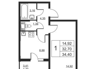 Продается 1-комнатная квартира, 34.4 м2, Бугры