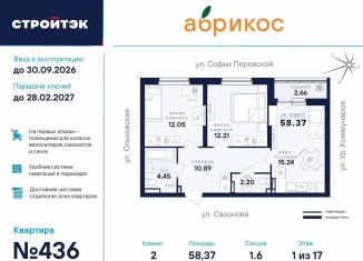 2-комнатная квартира на продажу, 58.4 м2, Екатеринбург, улица Софьи Перовской, 106А, Железнодорожный район