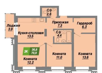 Продам 3-ком. квартиру, 70.9 м2, Новосибирская область