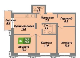 Продажа 3-ком. квартиры, 70.9 м2, Новосибирск, метро Гагаринская