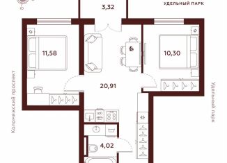 Двухкомнатная квартира на продажу, 50.1 м2, Санкт-Петербург, метро Пионерская