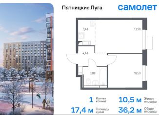 Продажа однокомнатной квартиры, 36.2 м2, деревня Юрлово, жилой комплекс Пятницкие Луга, к2/1