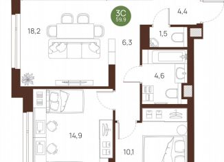 Продажа 2-комнатной квартиры, 59.9 м2, Новосибирская область