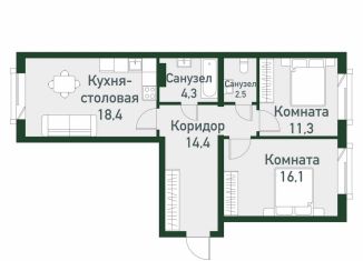 2-ком. квартира на продажу, 65.7 м2, посёлок Западный, Спортивная улица