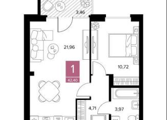 Продаю 1-ком. квартиру, 42.4 м2, Рязань, Московский район