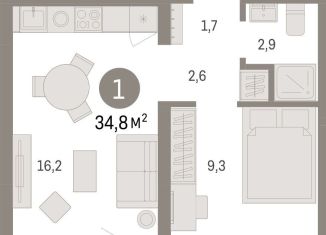 Продается 1-комнатная квартира, 34.8 м2, Новосибирск