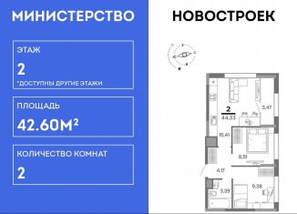 2-комнатная квартира на продажу, 42.6 м2, Рязань, Московский район