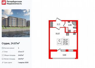 Квартира на продажу студия, 24.9 м2, Санкт-Петербург, муниципальный округ Невский