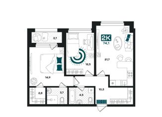 2-ком. квартира на продажу, 74.1 м2, Тюмень, Центральный округ, улица Евгения Войнова, 8