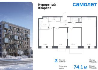 Продажа трехкомнатной квартиры, 74.1 м2, посёлок Песочный, Центральная улица, 79