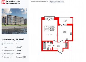 Продажа однокомнатной квартиры, 31.7 м2, Санкт-Петербург, Невский район