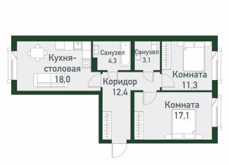 Двухкомнатная квартира на продажу, 64.4 м2, посёлок Западный, Спортивная улица