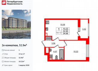 Продам 1-комнатную квартиру, 32.9 м2, Санкт-Петербург, Невский район