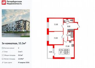 Продаю 2-ком. квартиру, 53.3 м2, Санкт-Петербург, муниципальный округ Пулковский Меридиан