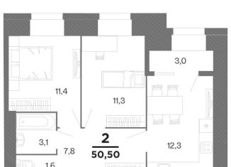 Двухкомнатная квартира на продажу, 50.5 м2, Рязань